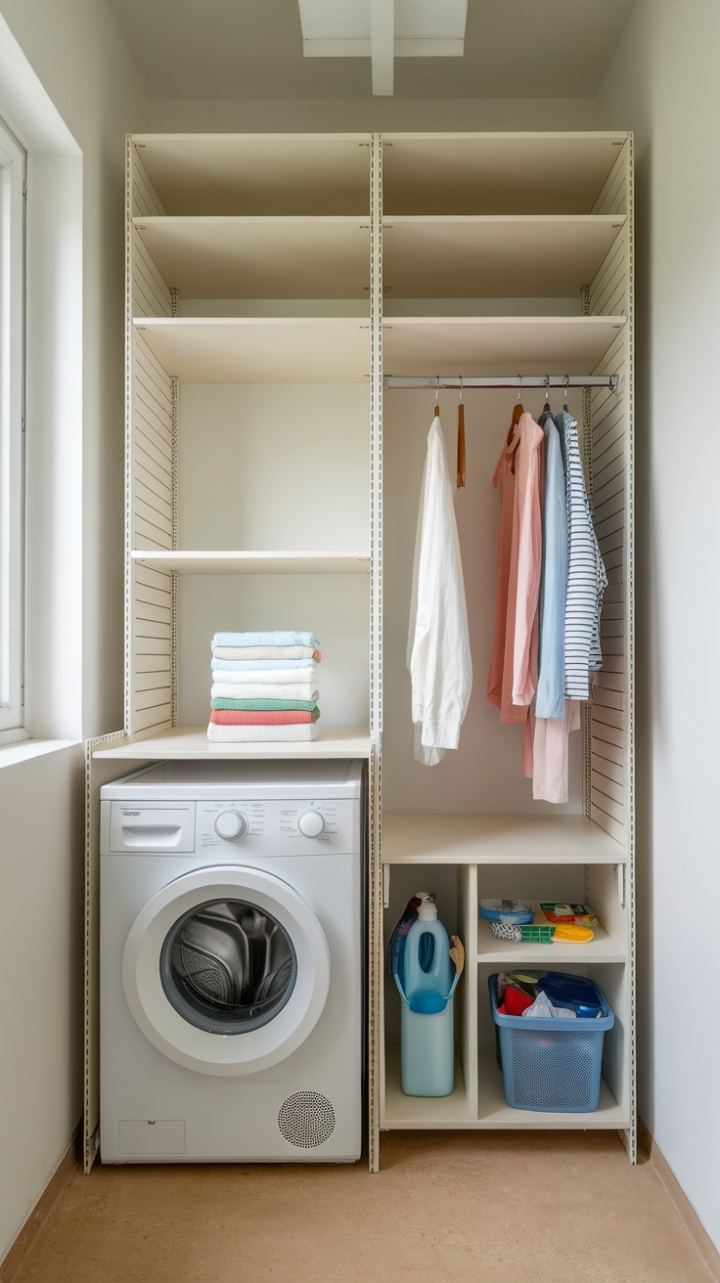 Chic Laundry Nook with Streamlined Storage and Cozy View
