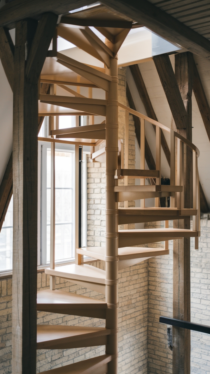 Space-Saving Elegance: Warm Wood Spiral Staircase in Rustic Loft