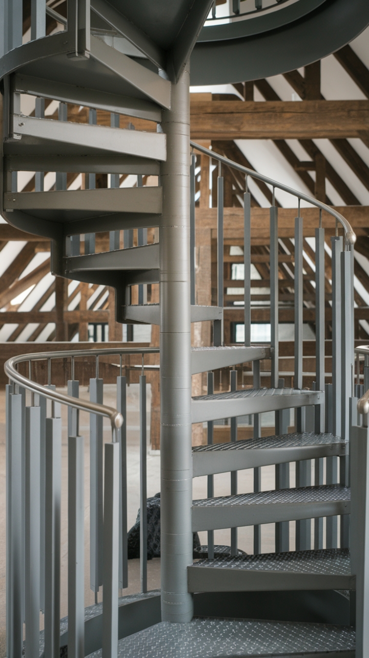 Modern Loft Elegance: A Metal Spiral Staircase with Warm Wooden Accents