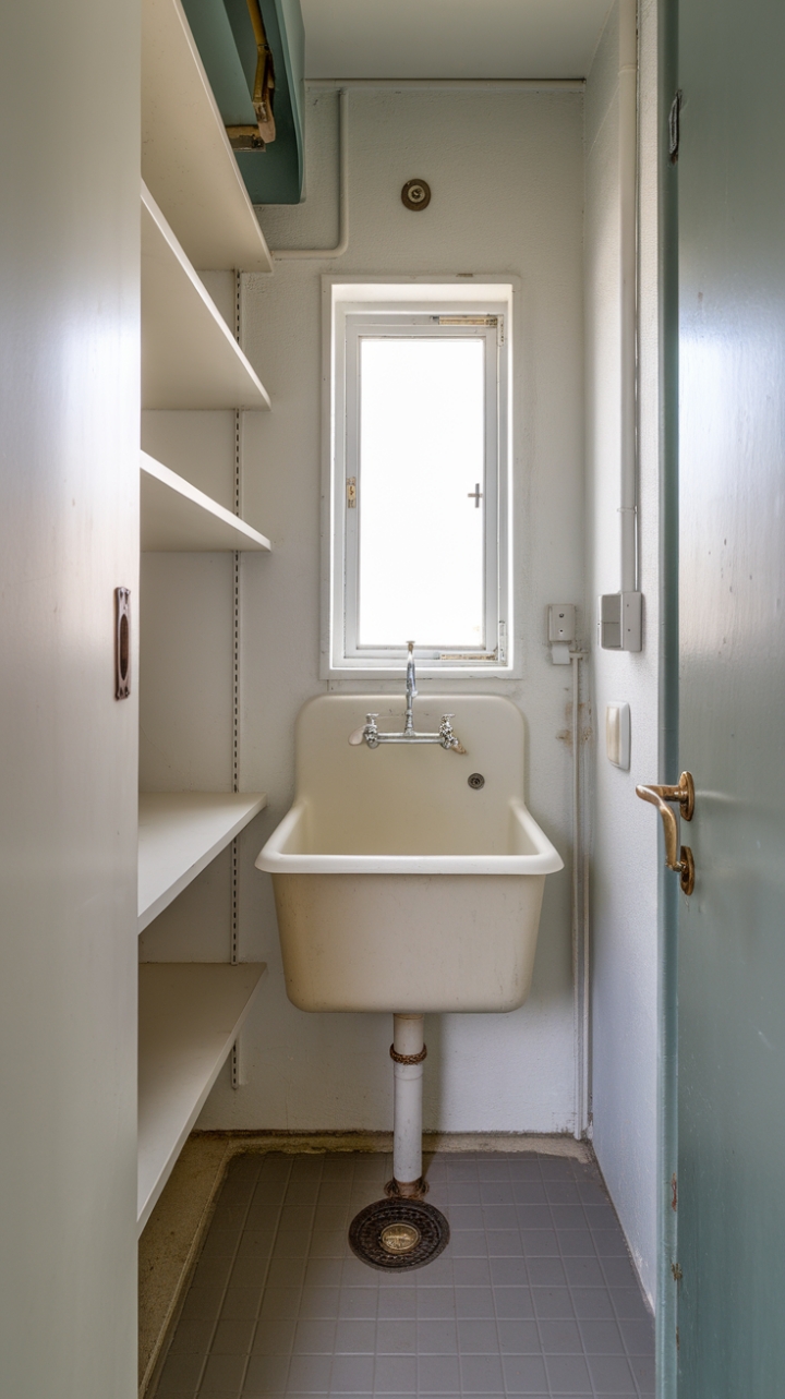 Functional and Stylish Utility Space with Tiled Flooring and Thoughtful Storage