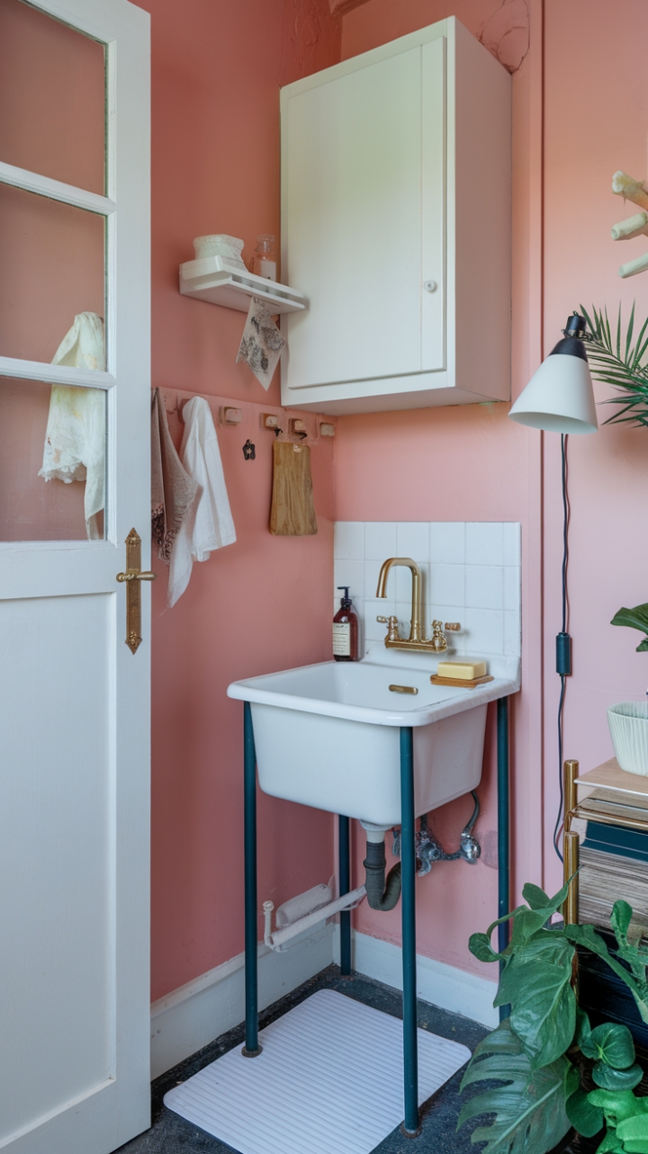 Chic Utility: Pink Accents and Gold Touches Transform Practical Spaces