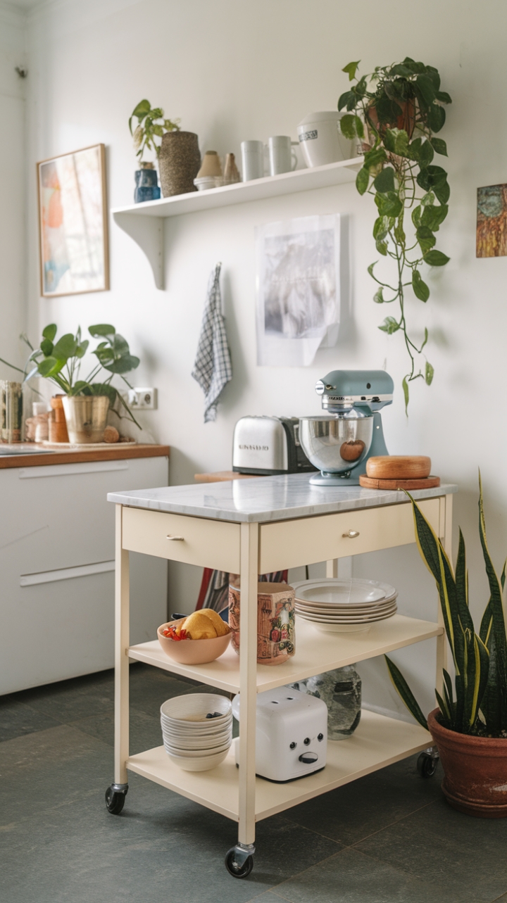 Stylish Small Kitchen with Movable Marble Island and Elegant Decor