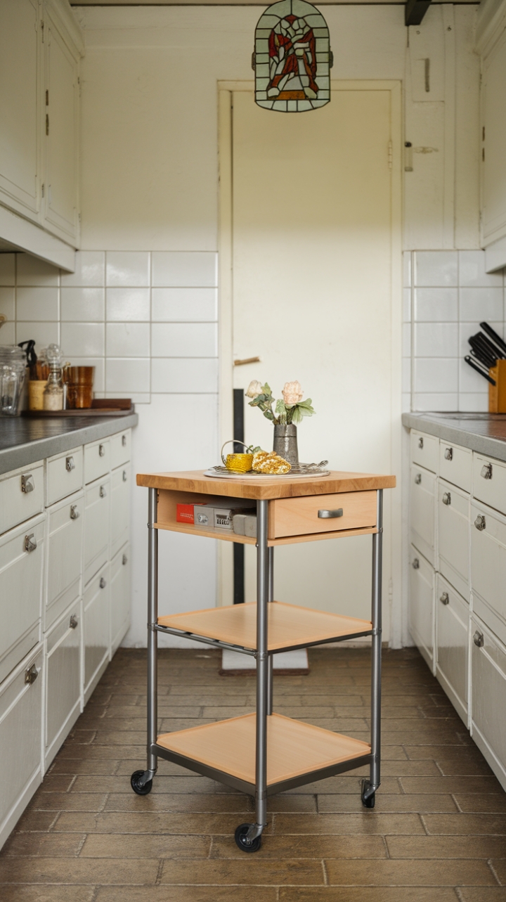 Compact Kitchen Charm: Functional Portable Island with Stained Glass Detail