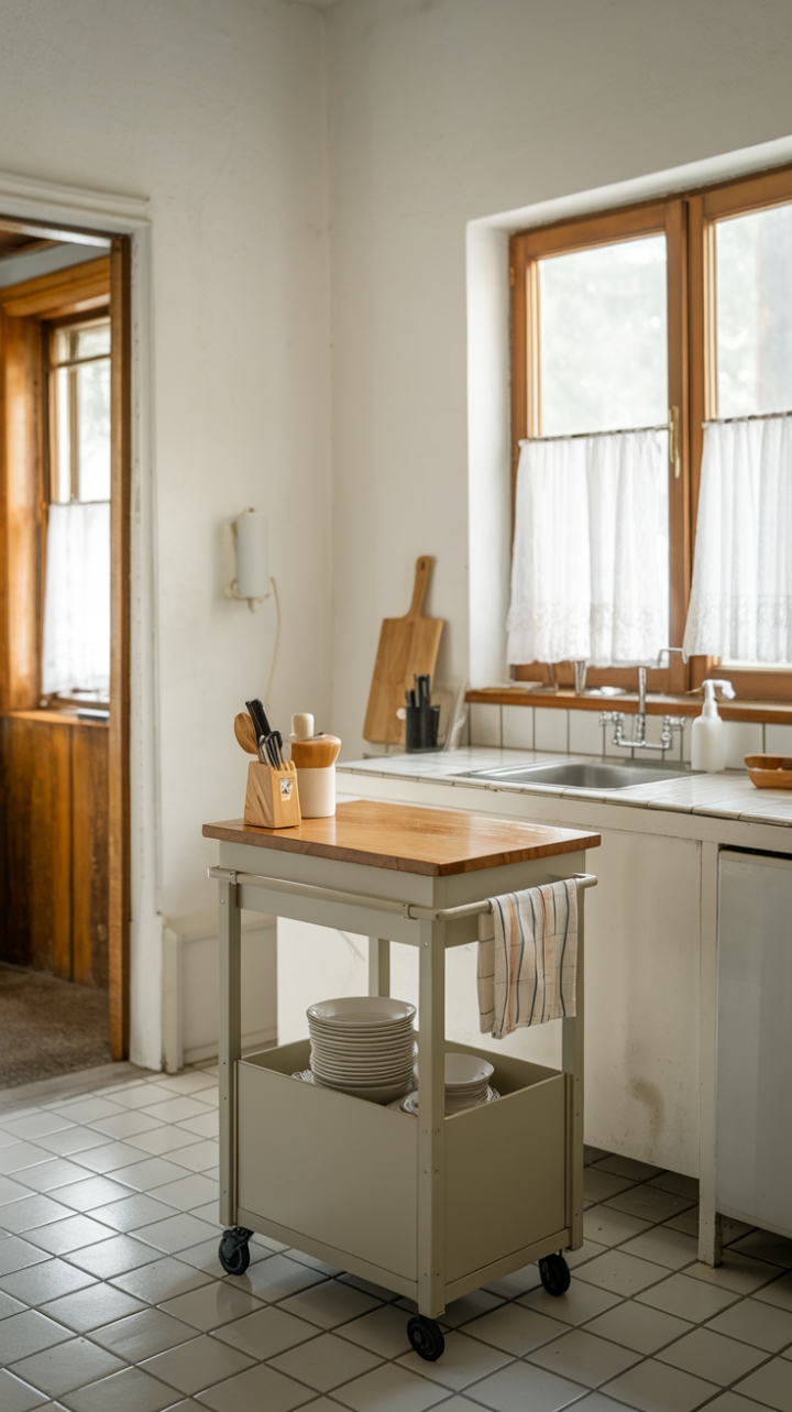 Versatile Wooden Trolley Enhances Compact Cooking Spaces