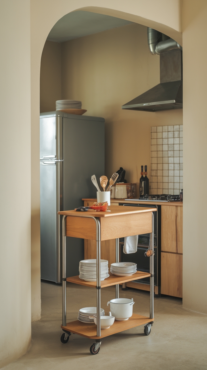 Sleek Narrow Island Complements Cozy Apartment Kitchen