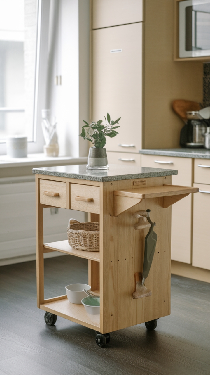 Versatile Mobile Kitchen Island with Warm Wood and Granite Surface