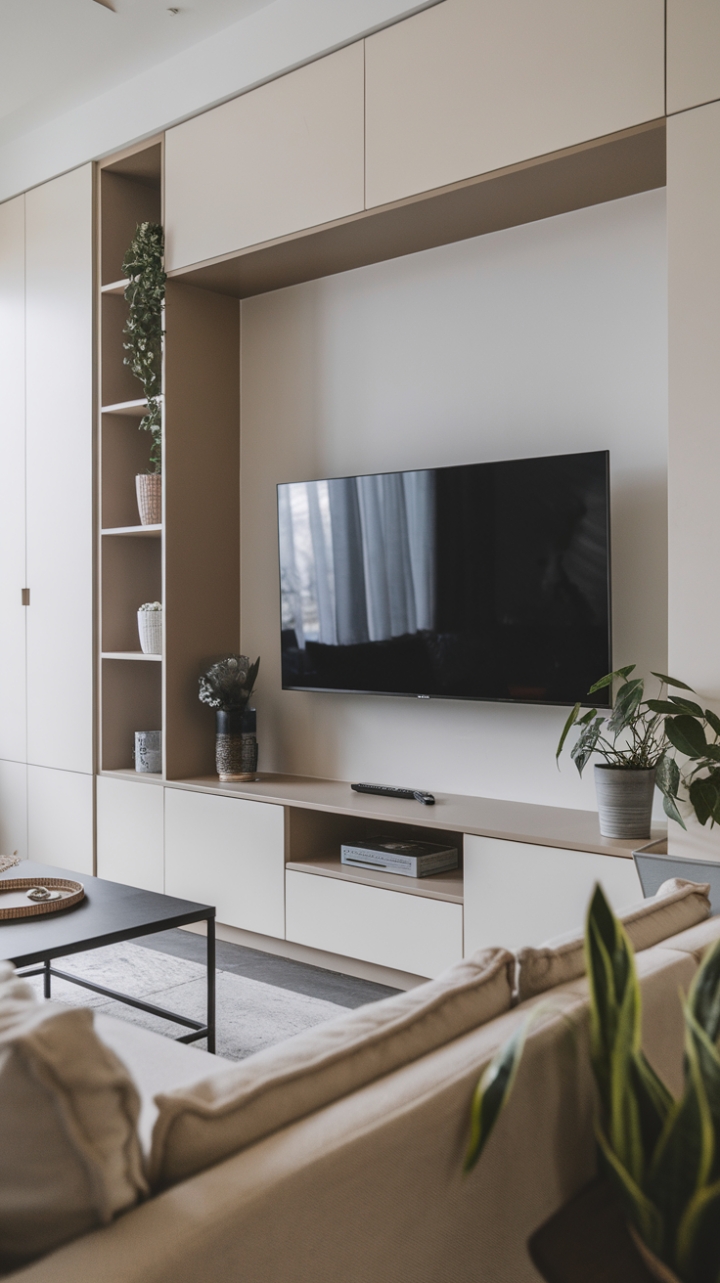 Minimalist Living Room with Wall-Mounted TV and Greenery