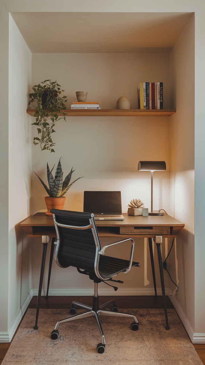 Elegant Nook: Compact Desk and Black Chair Create a Warm Workspace