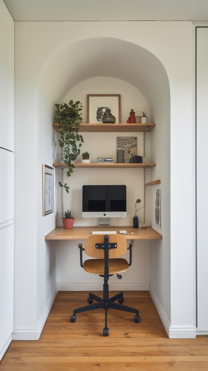 Compact Workspace with Neutral Tones and Thoughtful Decor