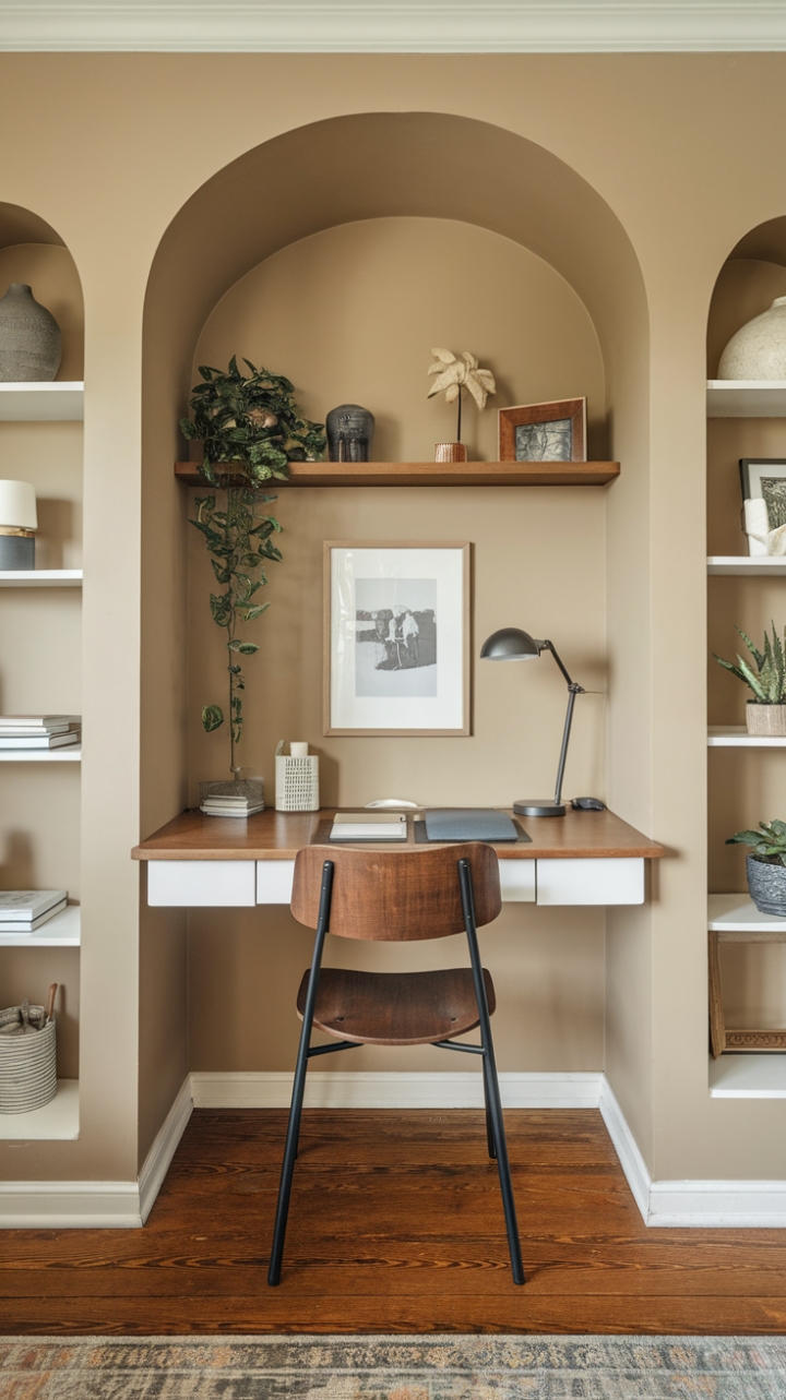 Stylish and Functional Small Workspace with Neutral Tones and Personal Touches