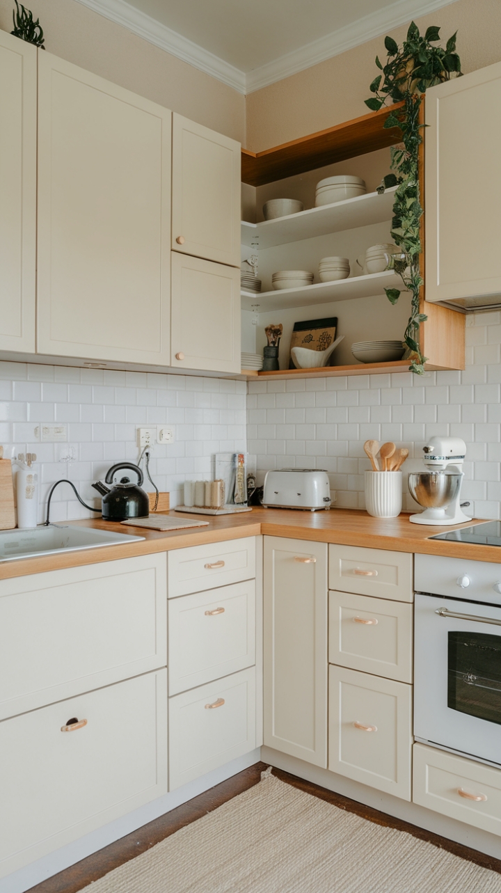 Charming U-Shaped Kitchen with Sleek White Cabinets and Warm Wooden Countertop