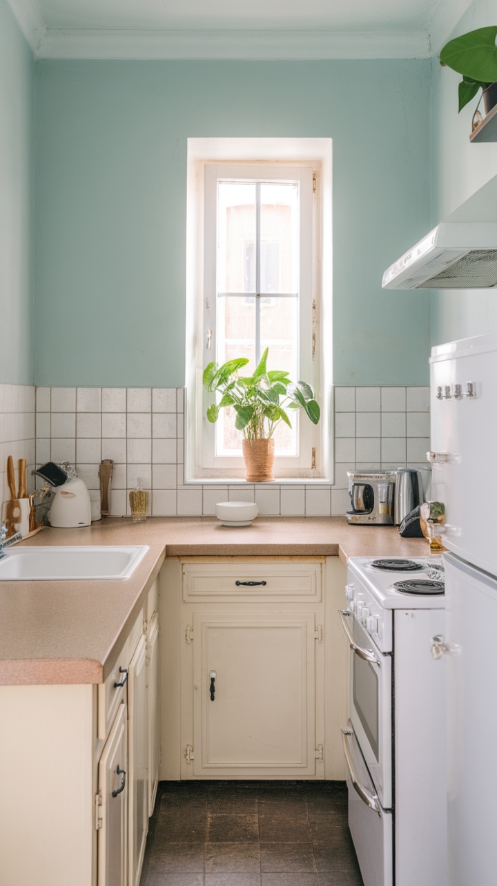 Charming U-Shaped Kitchen with Light Blue Accent Wall