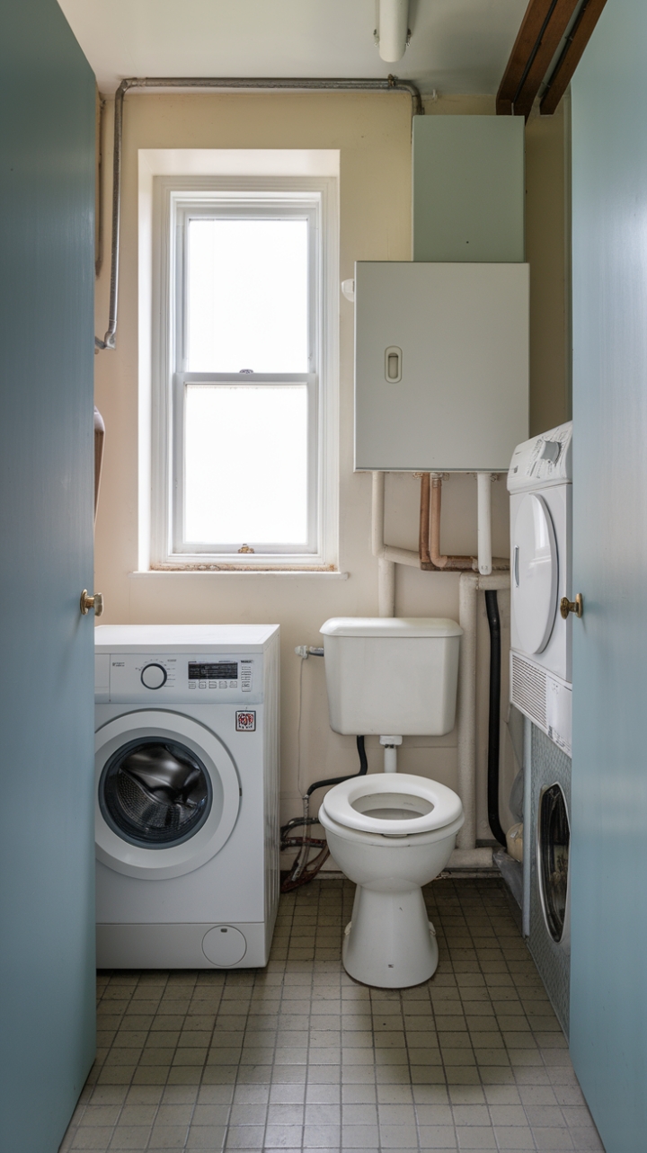Smart Small Laundry Room with Compact Toilet and Natural Light