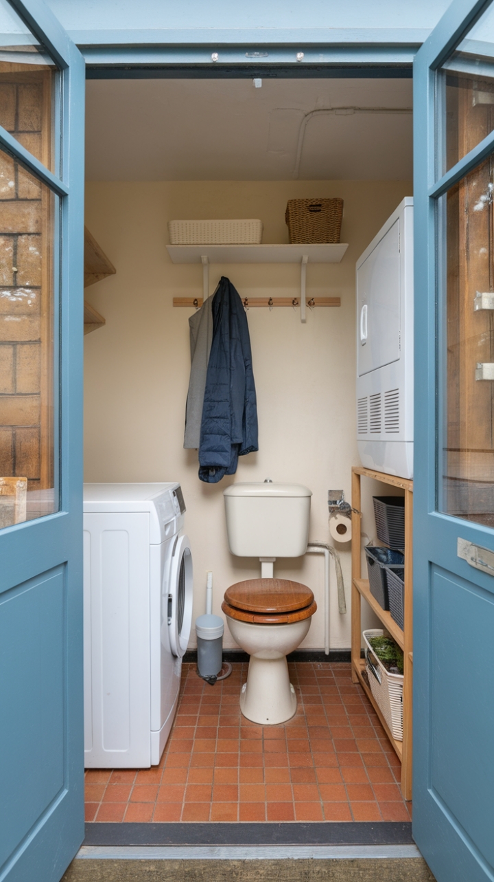 Compact Laundry Space with Tiled Flooring and Outdoor Access