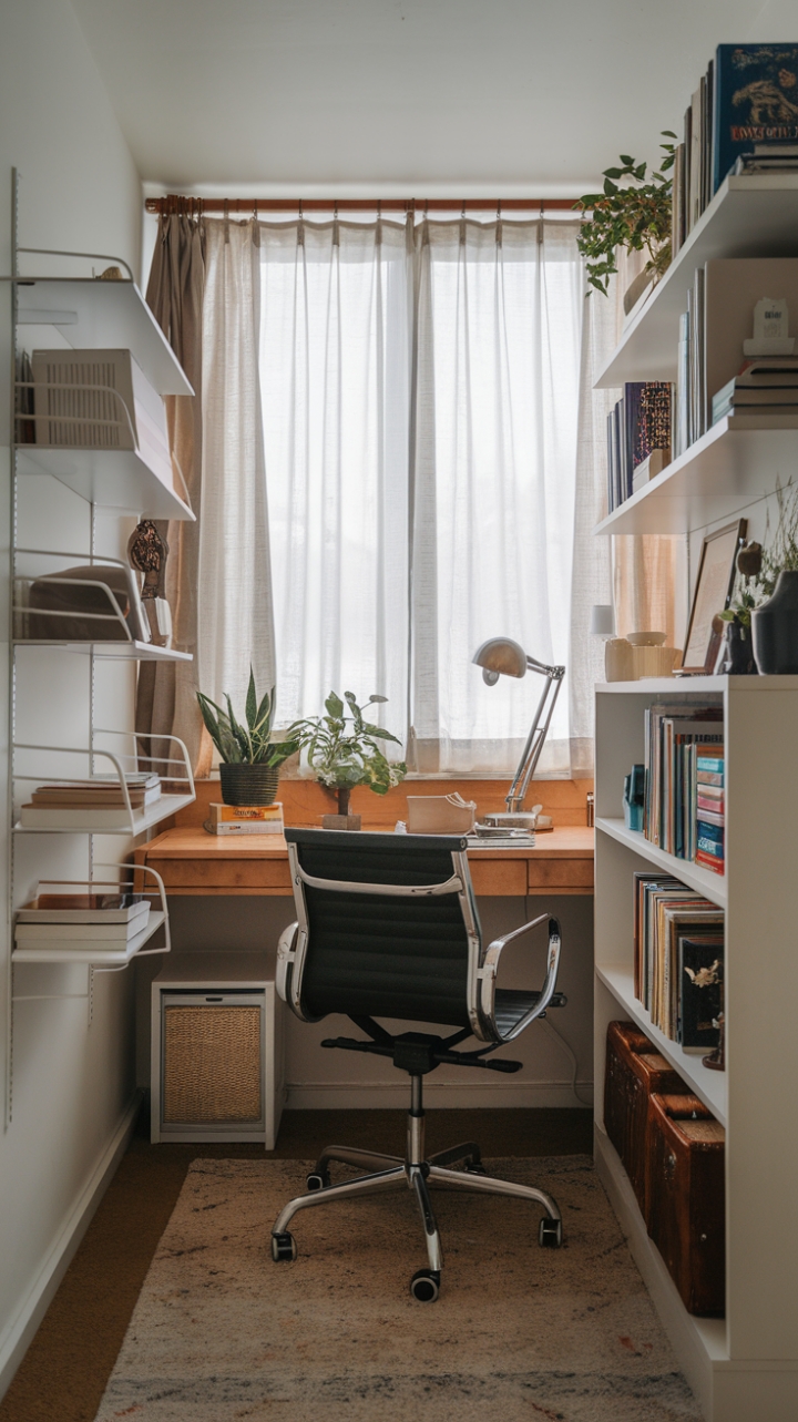 Compact Comfort: Stylish Workspace with Thoughtful Decor and Bright Ambiance