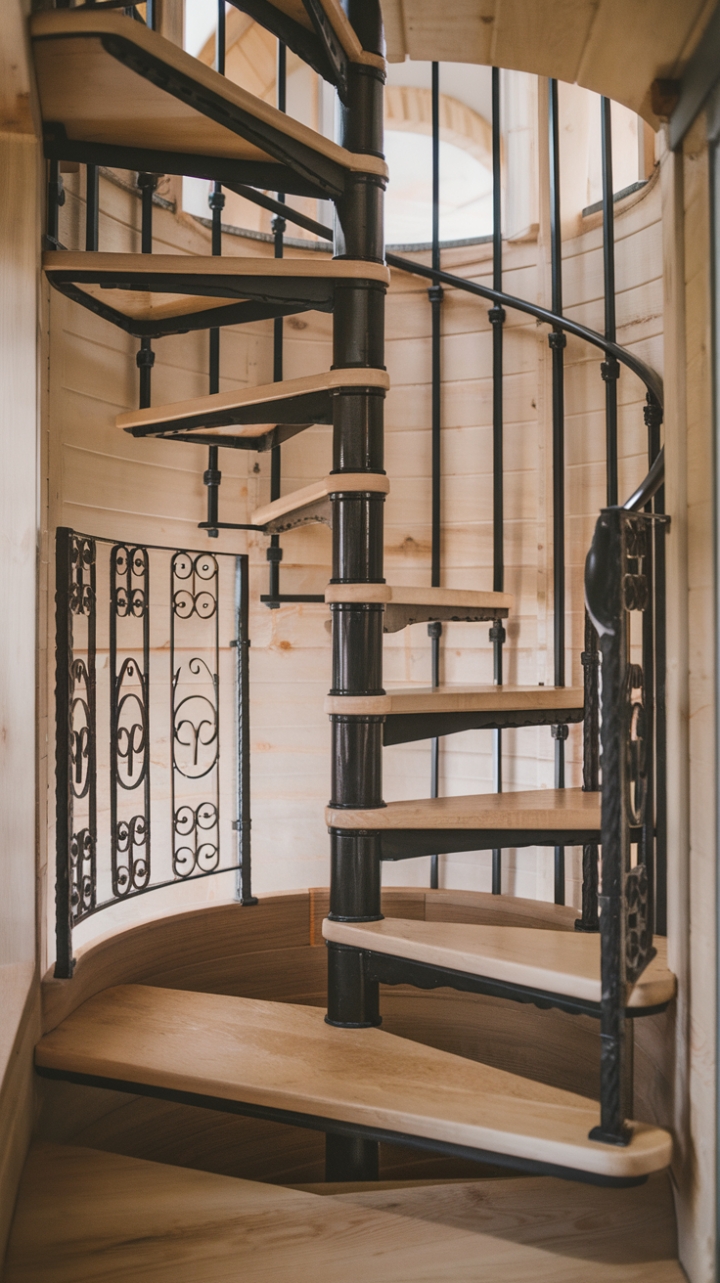 Rustic Charm: Space-Saving Spiral Staircase in Tiny Home