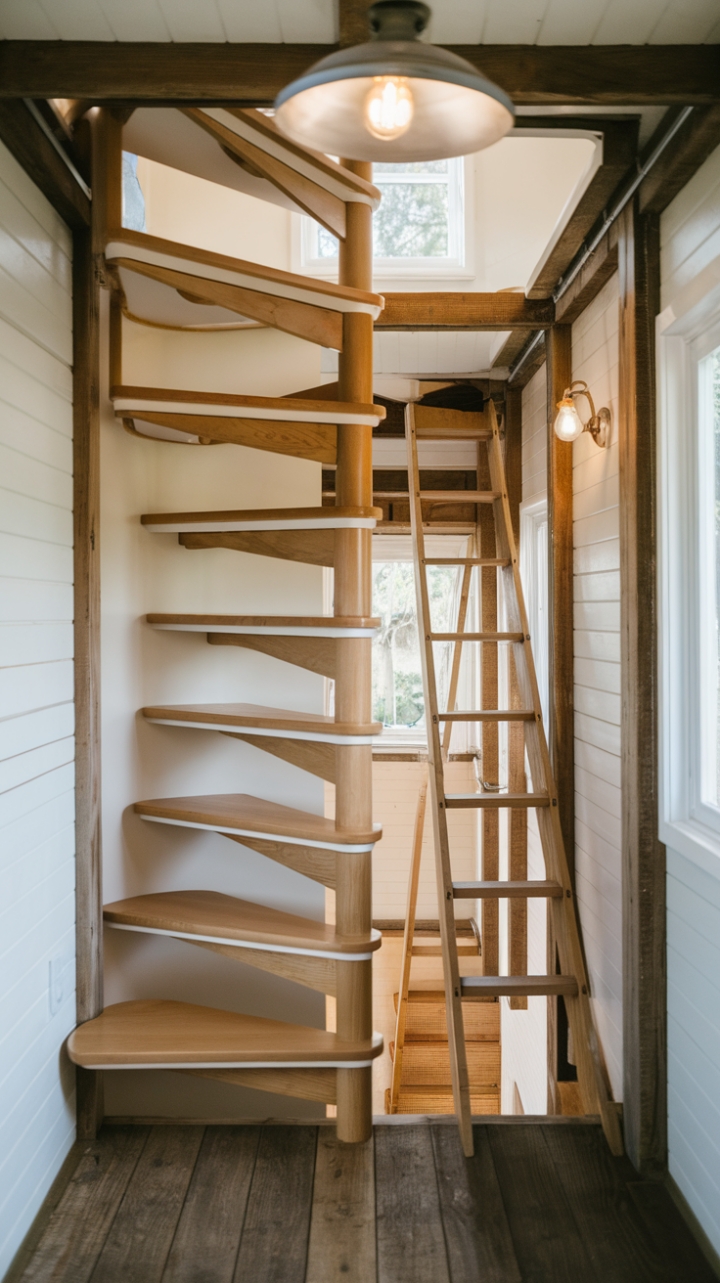 Rustic Spiral Staircase Maximizes Tiny Home Space
