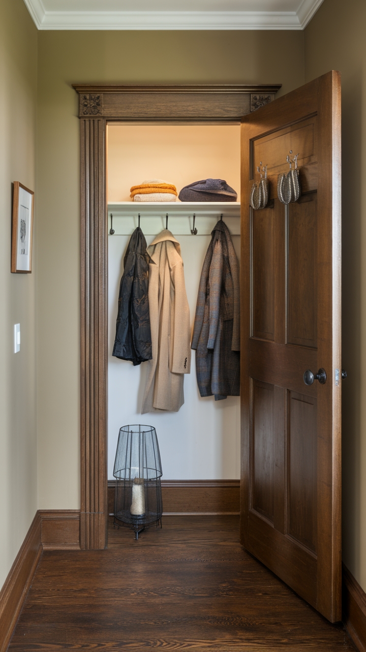 Inviting Small Entryway Featuring Dark Wood and Soft Lighting