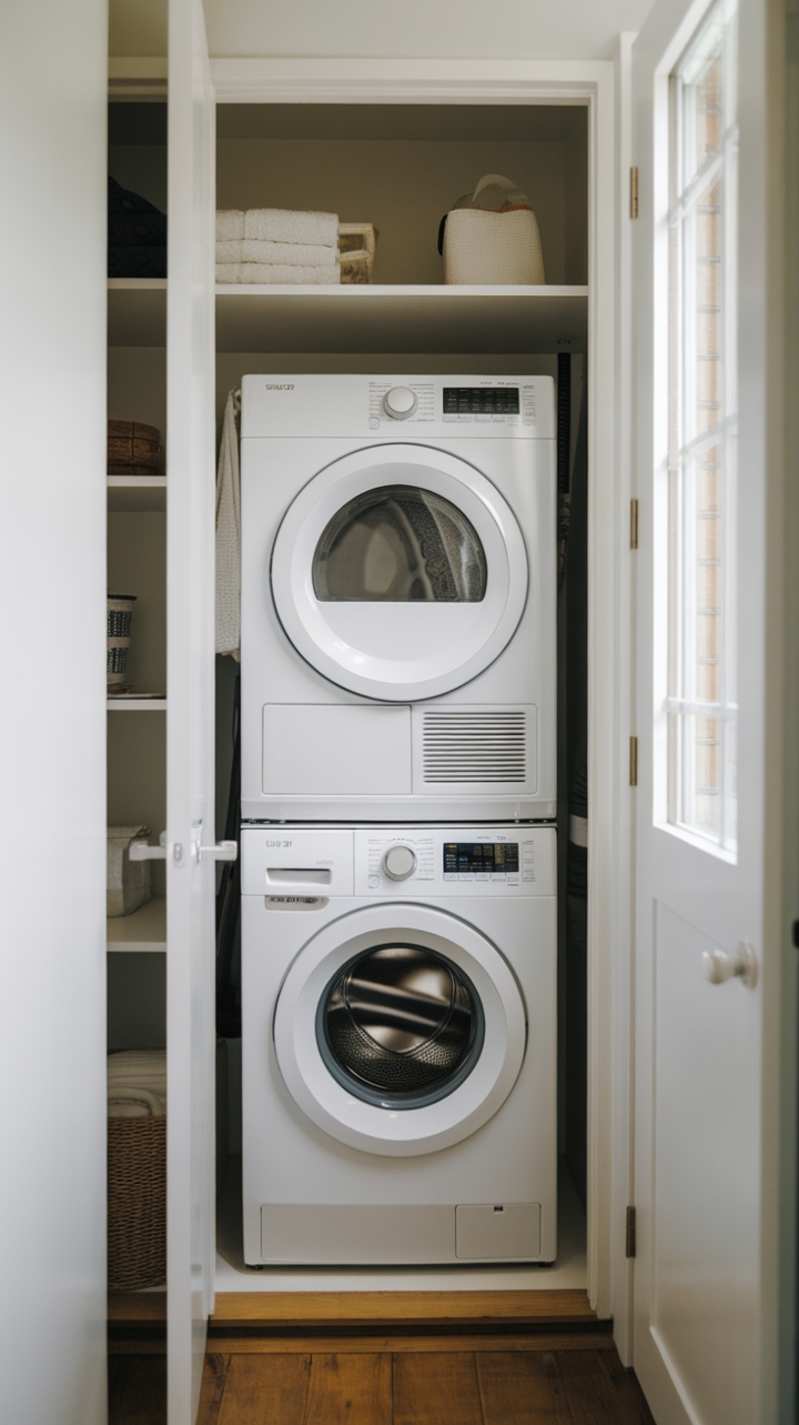 Cozy Narrow Laundry Closet with Wooden Flooring and Practical Storage