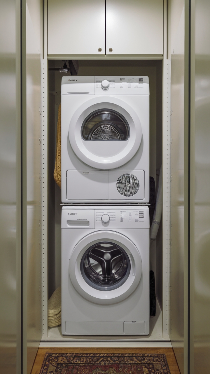 Space-Saving Laundry Nook with Vertical Design and Cozy Touch