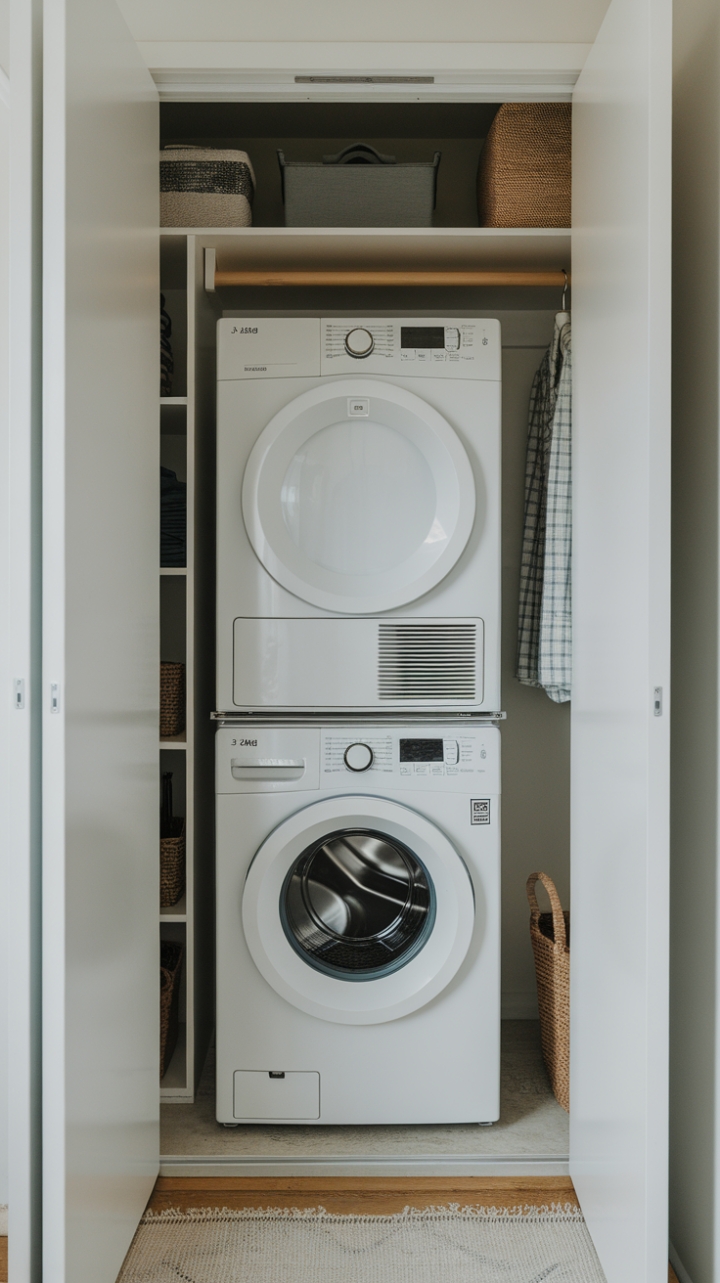 Compact Laundry Closet with Open Shelves and Cozy Touches