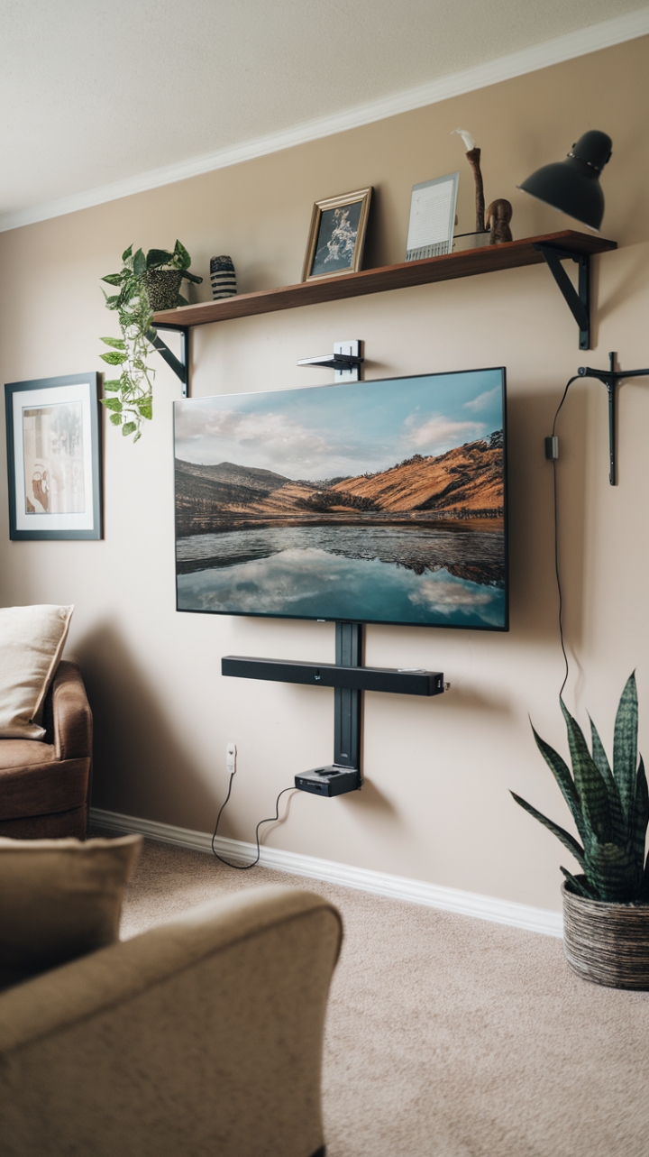 Stylish TV Setup with Neutral Tones and Decorative Accents