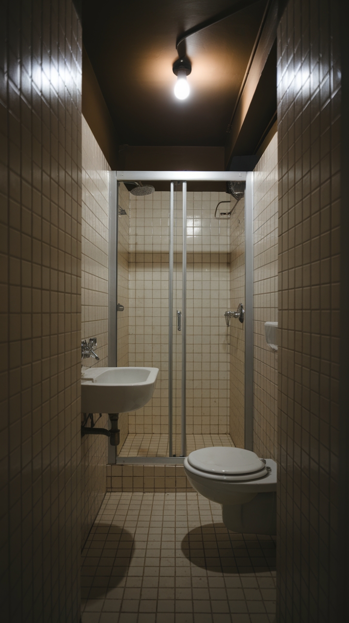 Cozy Yet Cramped: Maximizing a Windowless Beige Bathroom