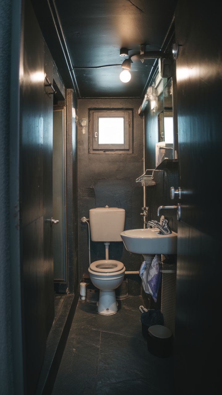 Enclosed Elegance: Compact Bathroom with Narrow, Moody Interior