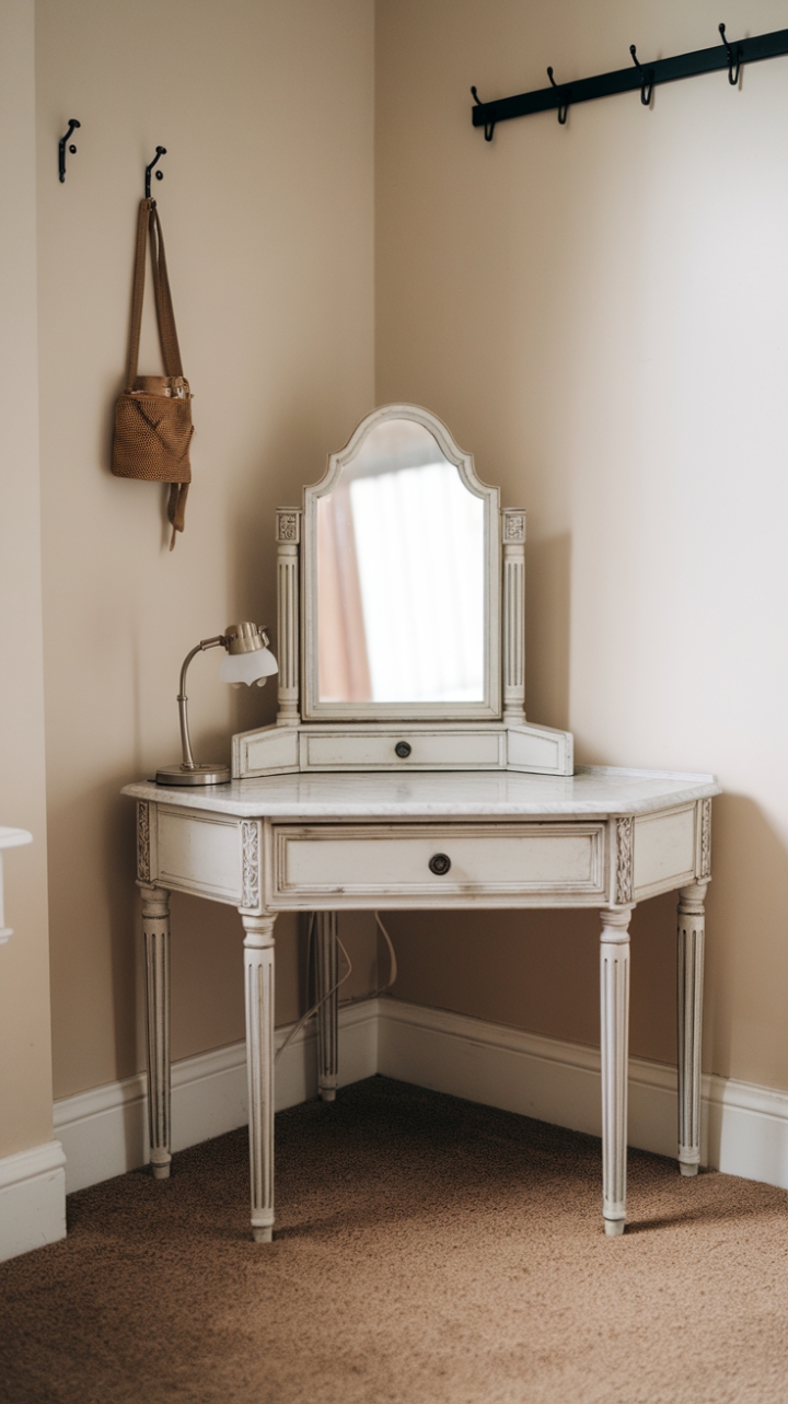 Chic Space-Saving Vanity with White Wood and Marble Accents
