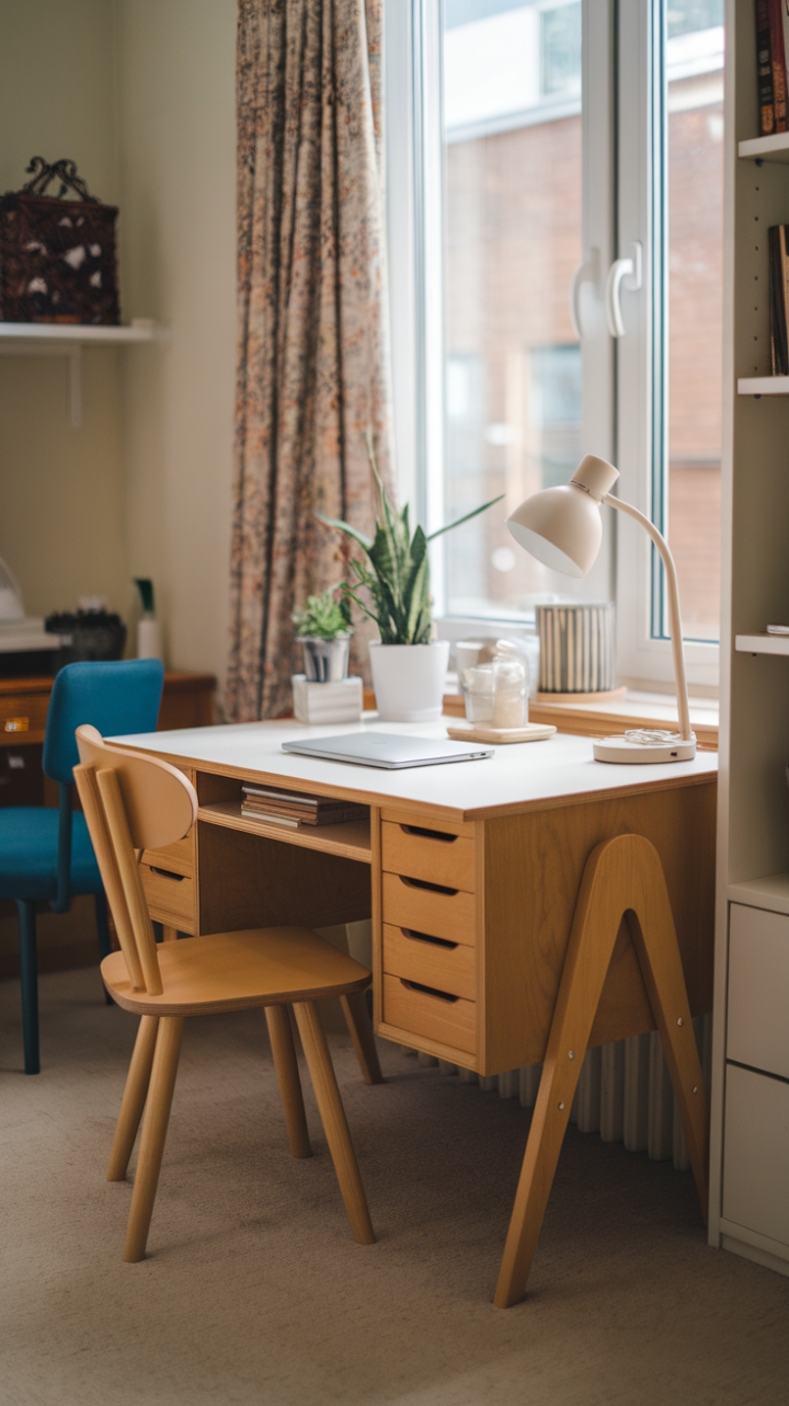 Chic and Cozy: A Compact Workspace with Natural Charm