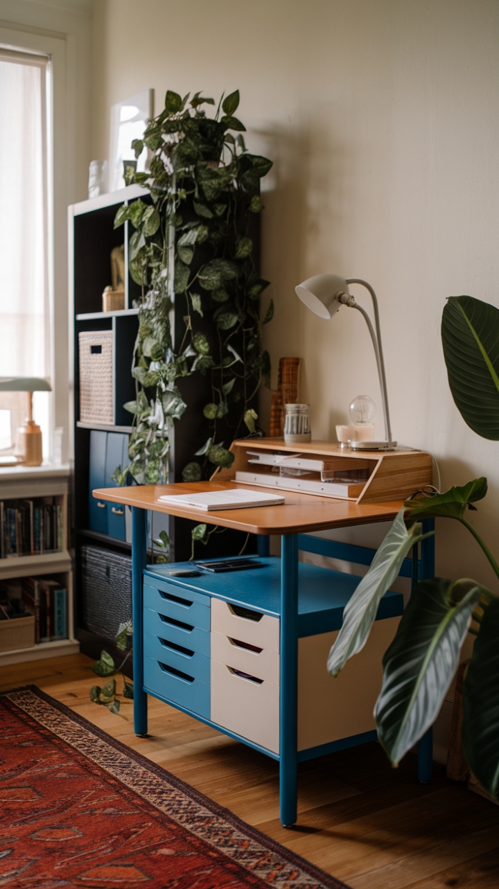 Cozy Small Office with Wooden Desk and Lush Plant