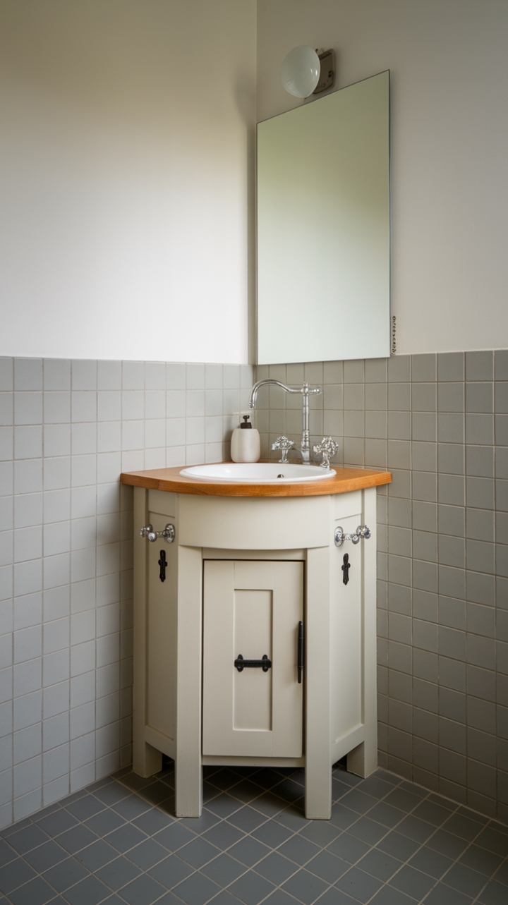 Modern White Corner Vanity with Wooden Top