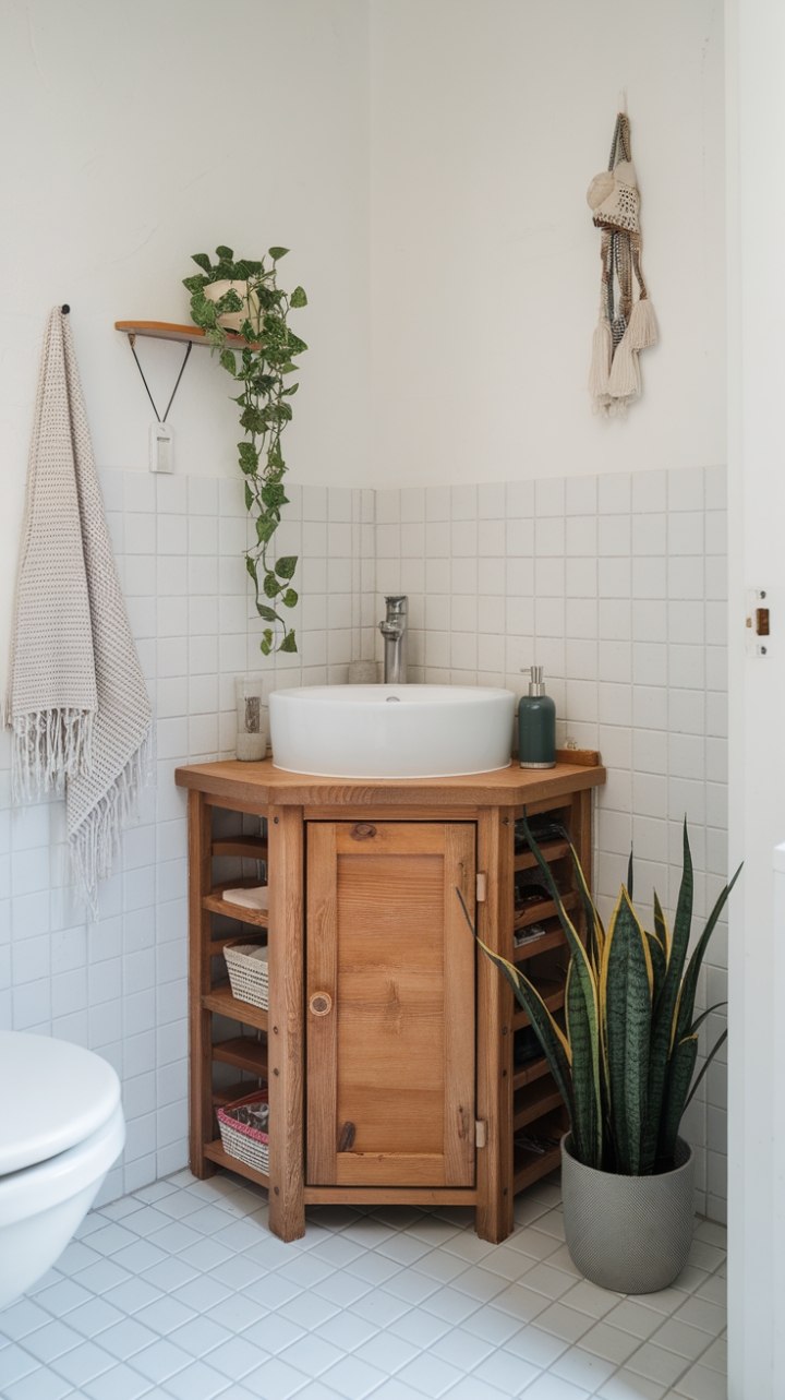 Charming Corner Vanity Blends Warmth and Elegance