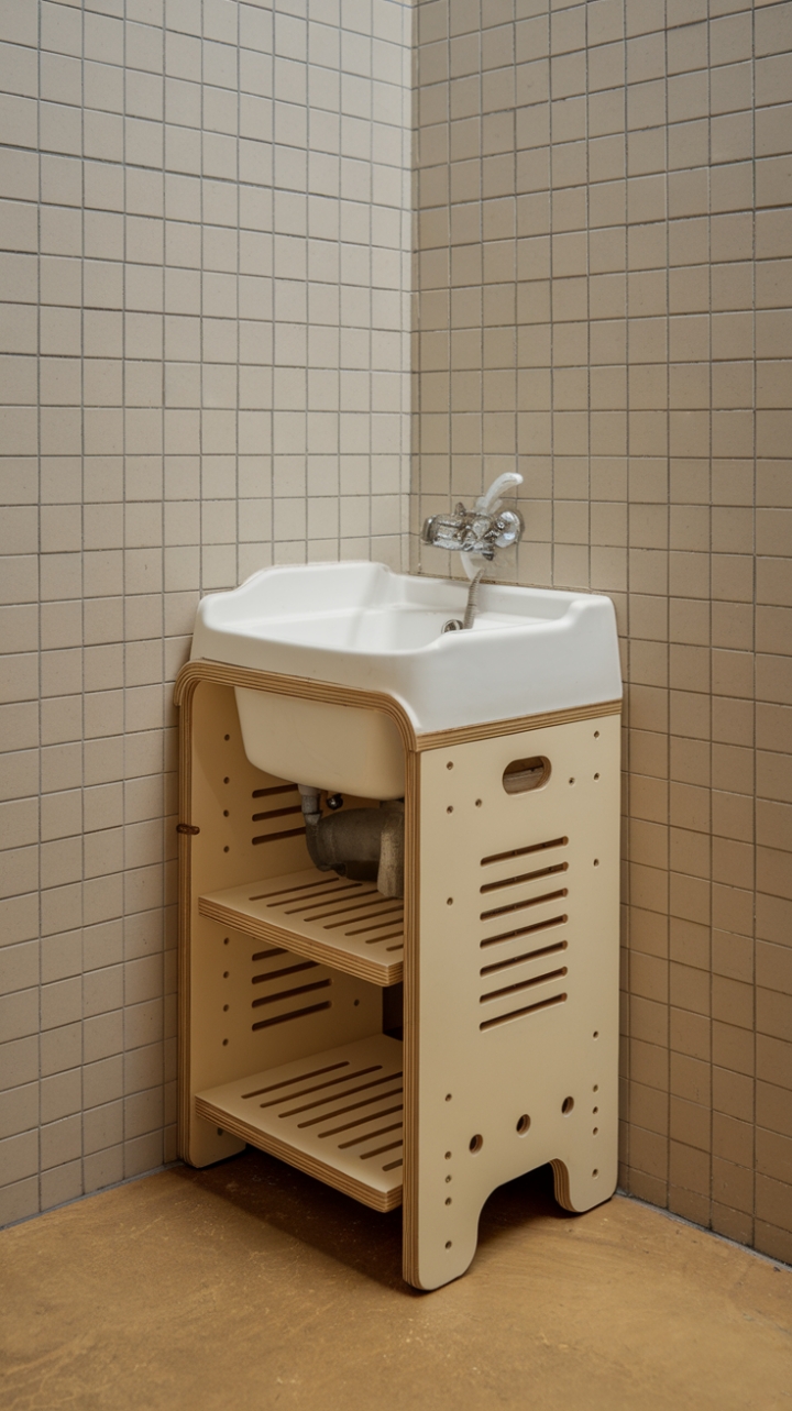 Compact White Vanity with Open Shelves and Tiled Accent Wall