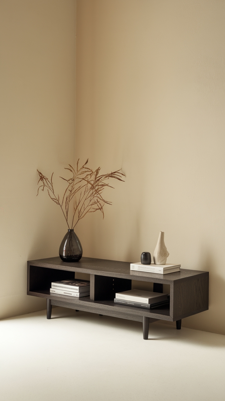Chic Dark Wood TV Stand Enhances Cozy Living Space