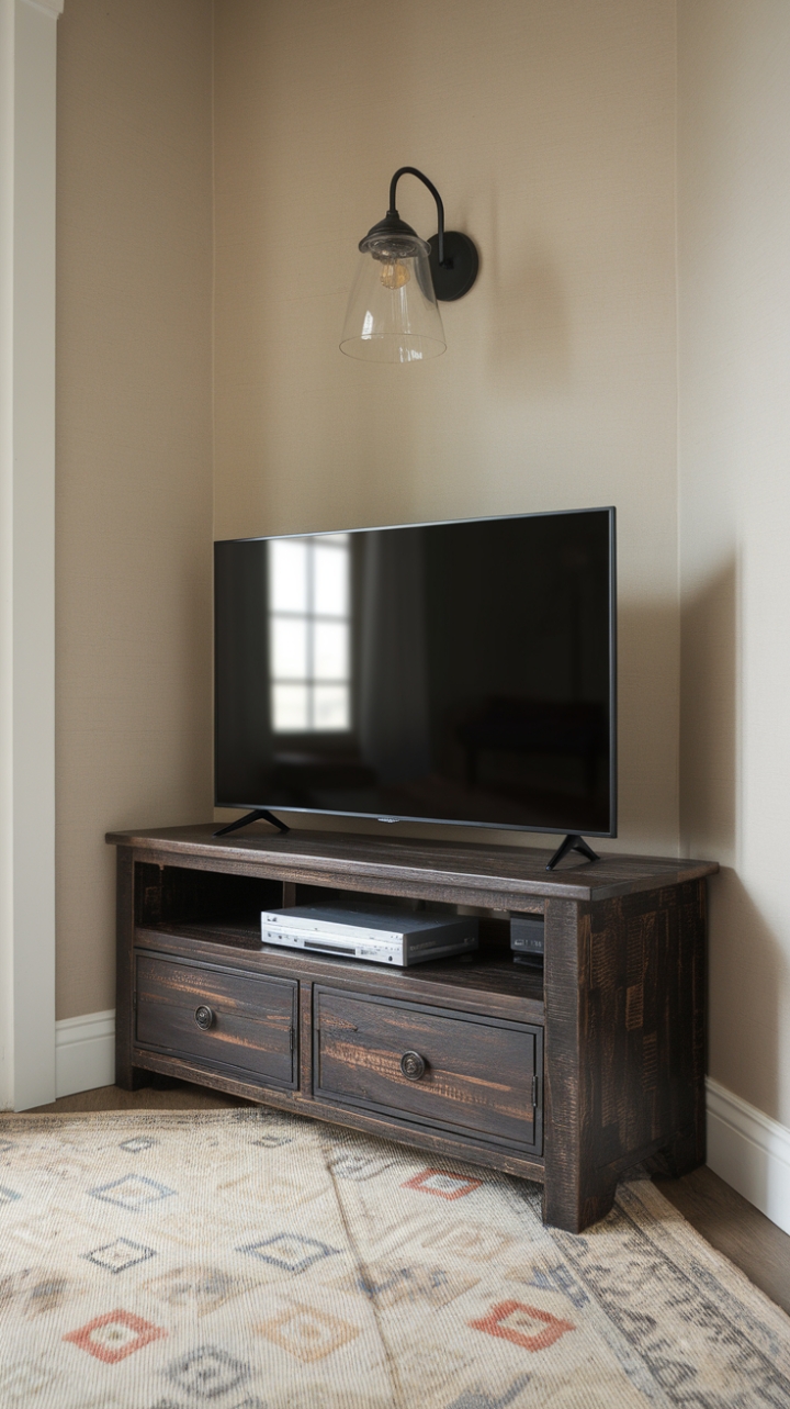 Chic Corner TV Unit in Dark Distressed Wood