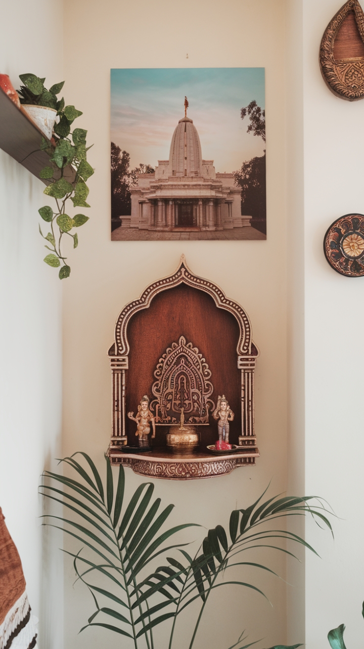 Tranquil Sanctuary: Elegant Wall-Mounted Mandir with Idols and Soft Lighting