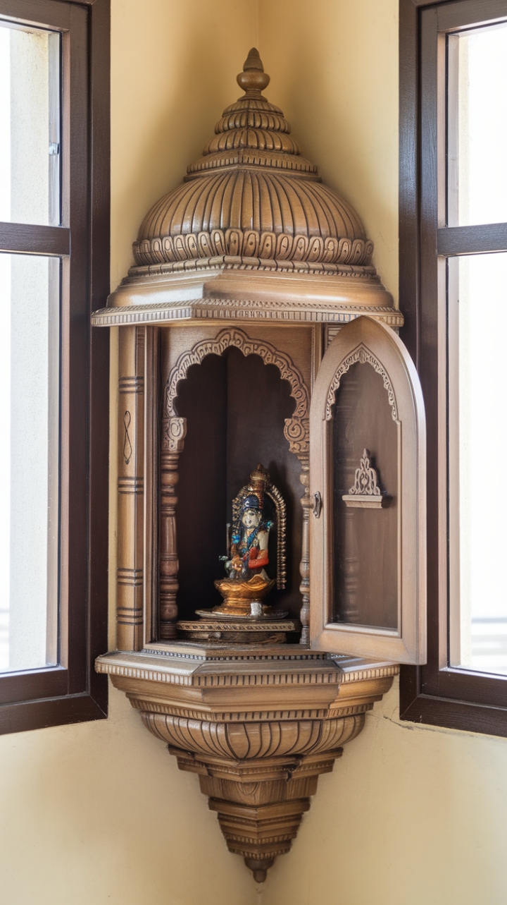 Space-Saving Wall-Mounted Pooja Shrine with Deity Display