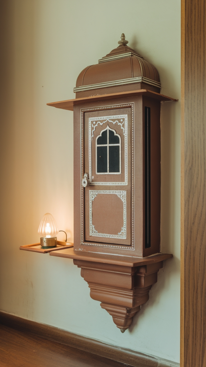 Elegant Carved Wall Mandir with Warm Lighting