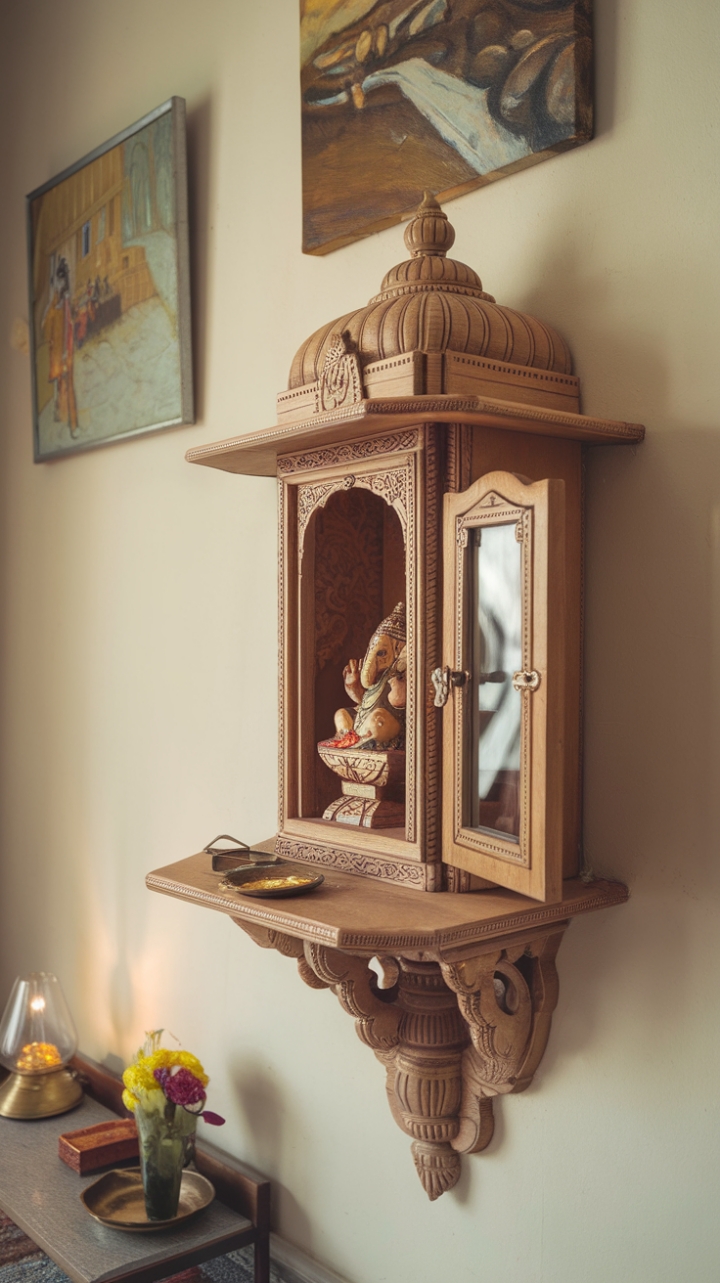 Elegant Wooden Mandir with Intricate Carvings and Devotional Decor