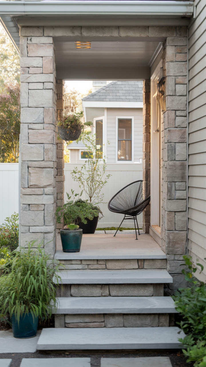 Charming Stone Entryway with Cozy Porch and White Fence