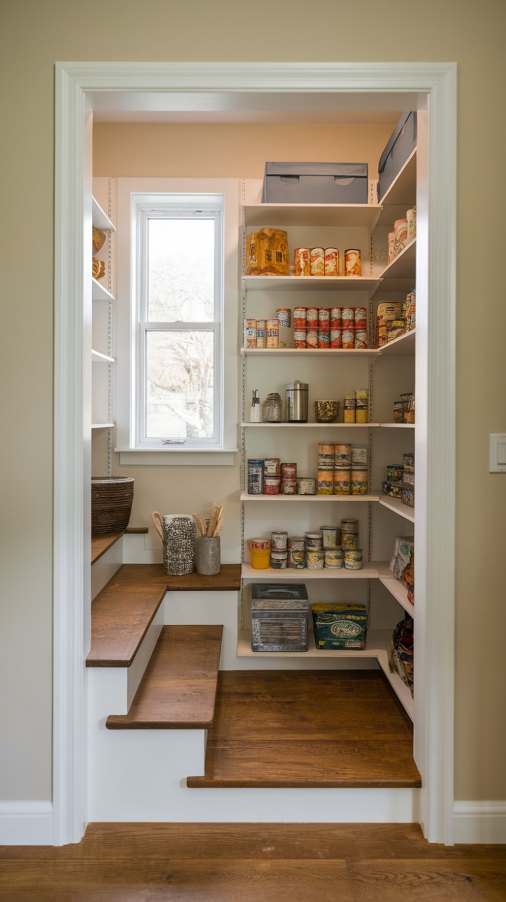Cozy Step-In Pantry with Warm Wooden Floors and Natural Light