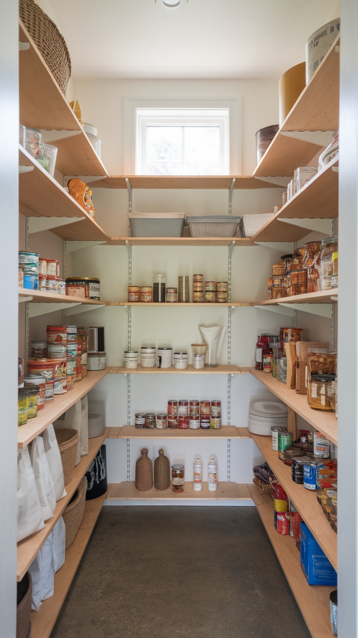 Efficient Narrow Pantry with Wooden Shelves and Natural Light