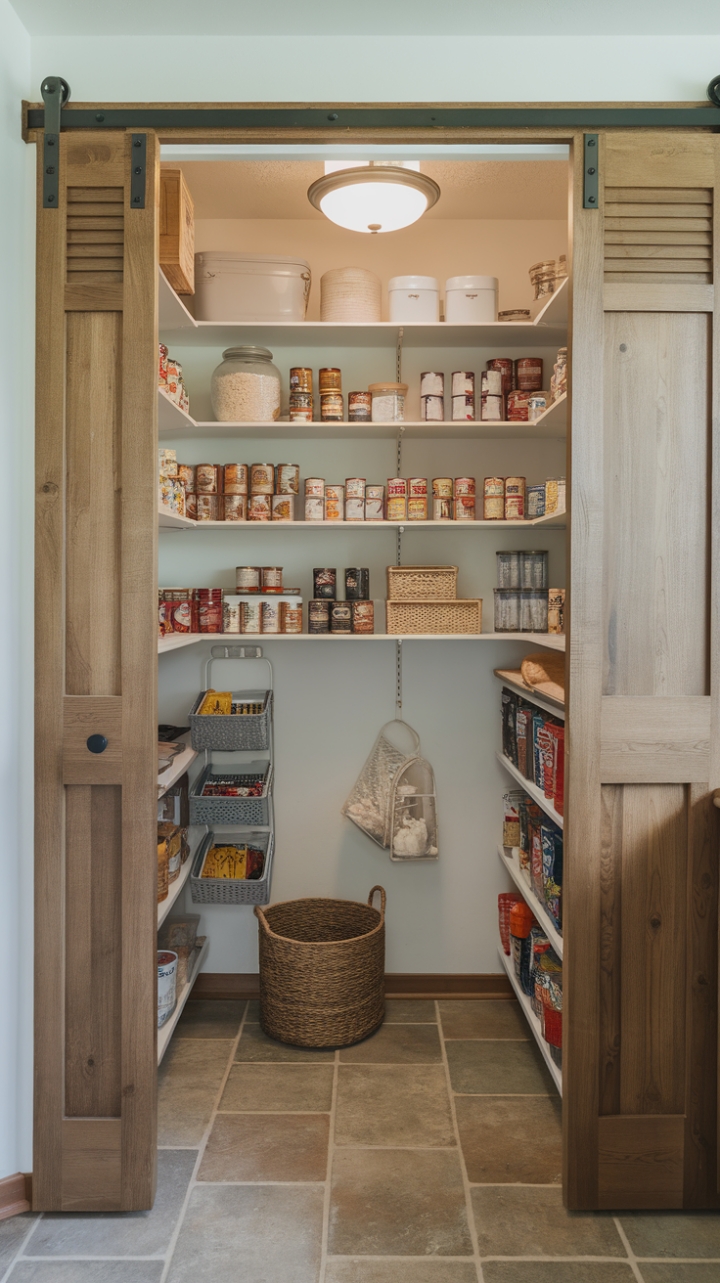 Inviting Compact Pantry with Warm Wooden Door