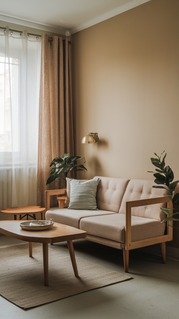 Inviting Small Space with Warm Tones and Simple Elegance