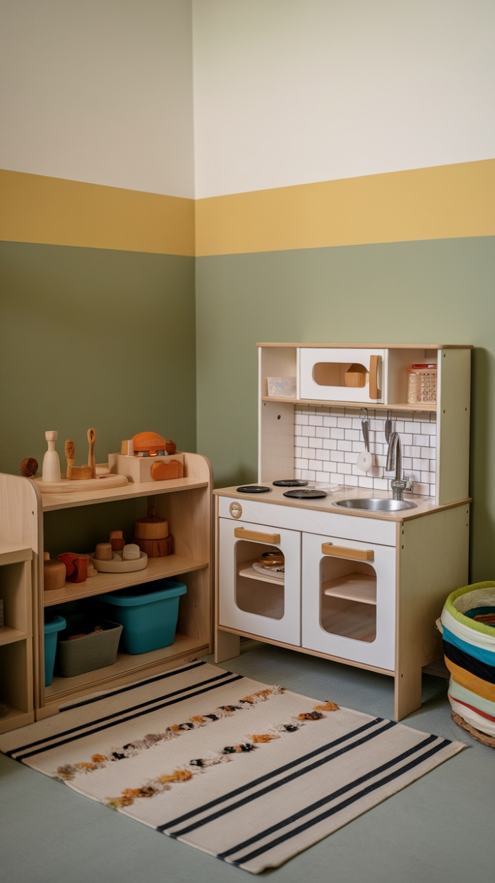 Vibrant Playroom with Wooden Kitchen and Organized Shelves