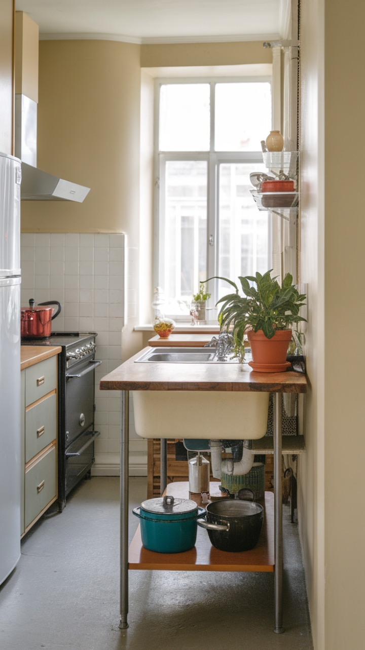 Cozy Narrow Kitchen with Warm Wooden Island and Green Touch