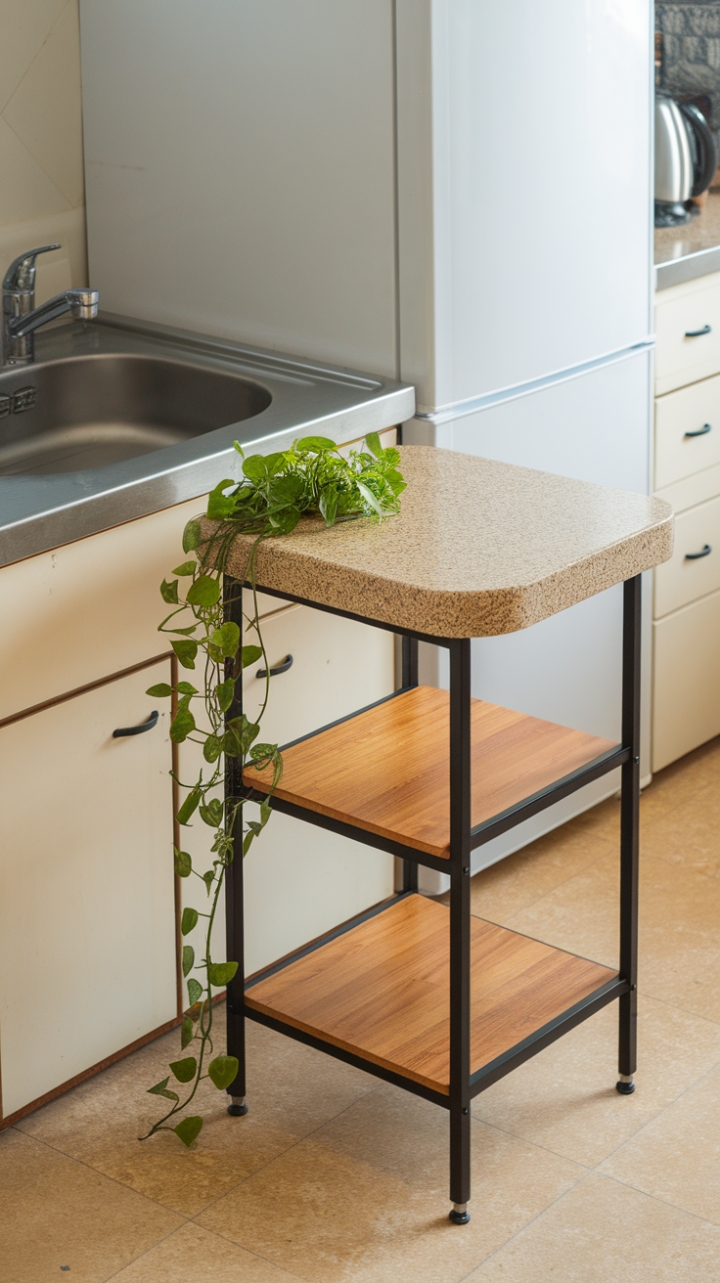 Stylish Small Kitchen with Beige Granite and Green Accent