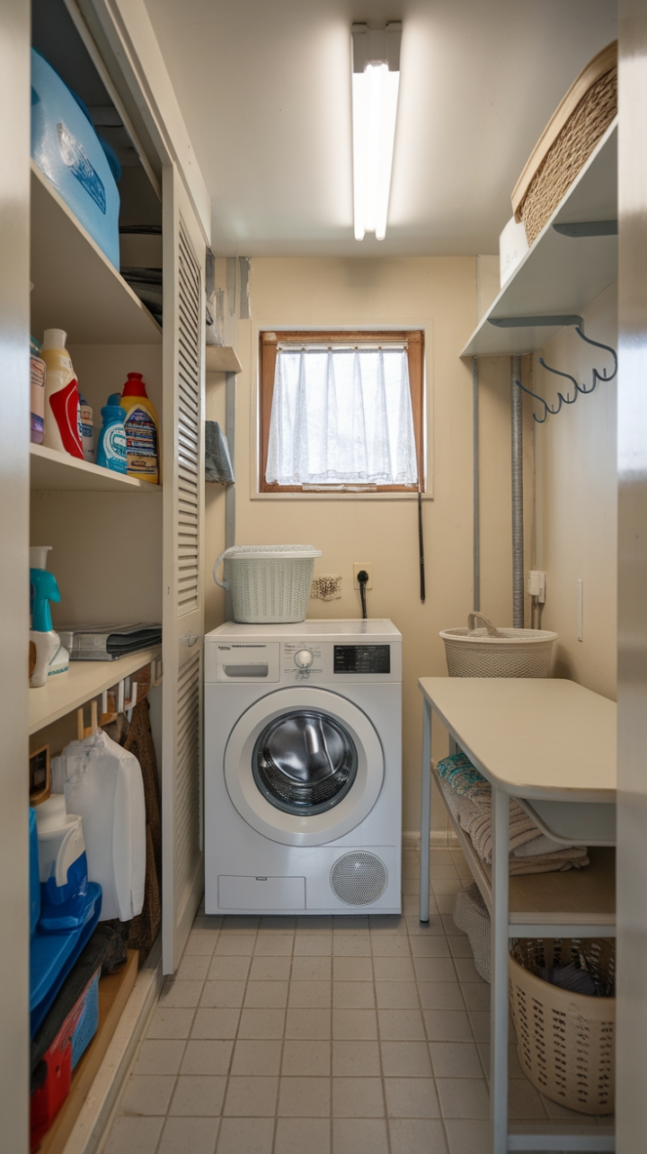 Efficient Small-Scale Laundry Space with Tiled Floor and Wall Hooks