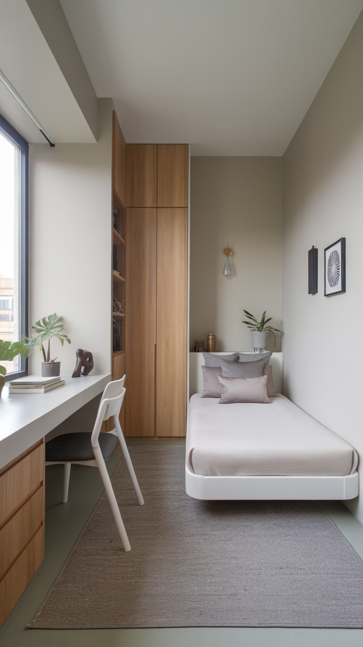 Minimalist Bedroom with Neutral Tones and Functional Design